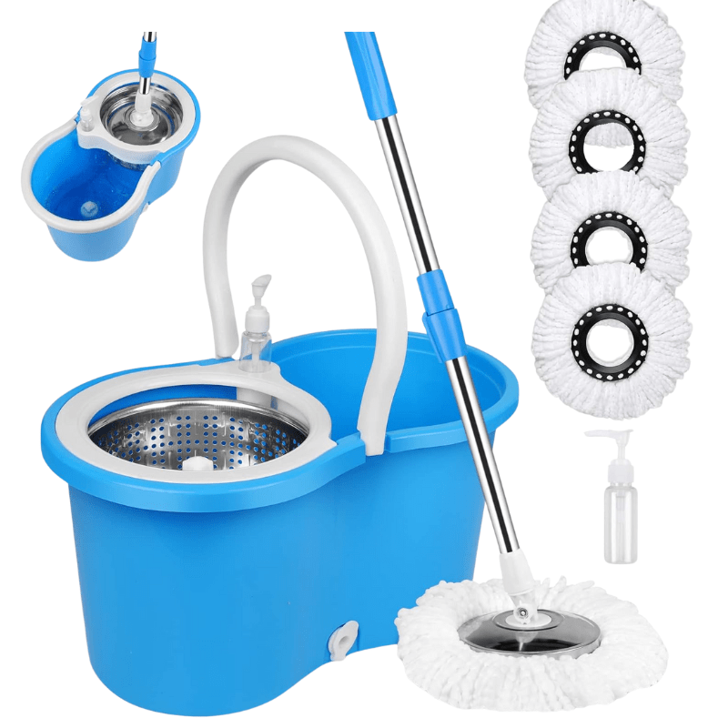 Mop and Bucket Set, 360° Spin Mop and Bucket with Wringer Set and 4 Microfiber Mop Refills, Stainless Steel, Extended Handle Spinning Mop Bucket System for Floor Cleaning
