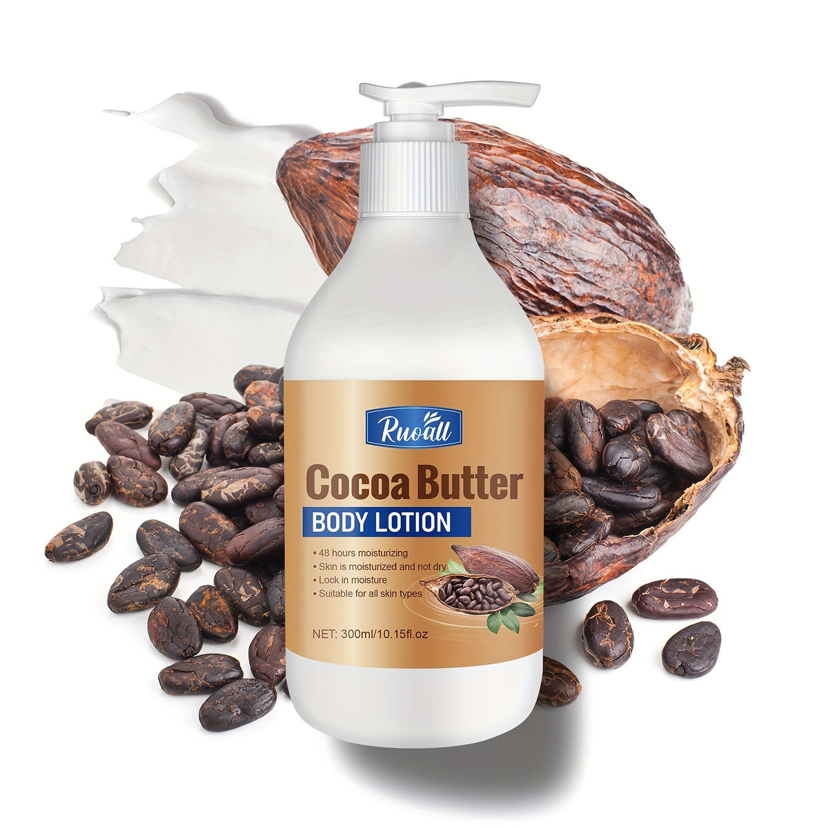 RUOALL Cocoa Butter Body Lotion 300ml - Moisturizing Formula with Glycerin, Vitamin C, Lavender Scent - Alcohol-Free, Unisex-Adult, All Skin Types - Long-Lasting Hydration, Skin Tightening, Even Skin Tone - 15.1 oz