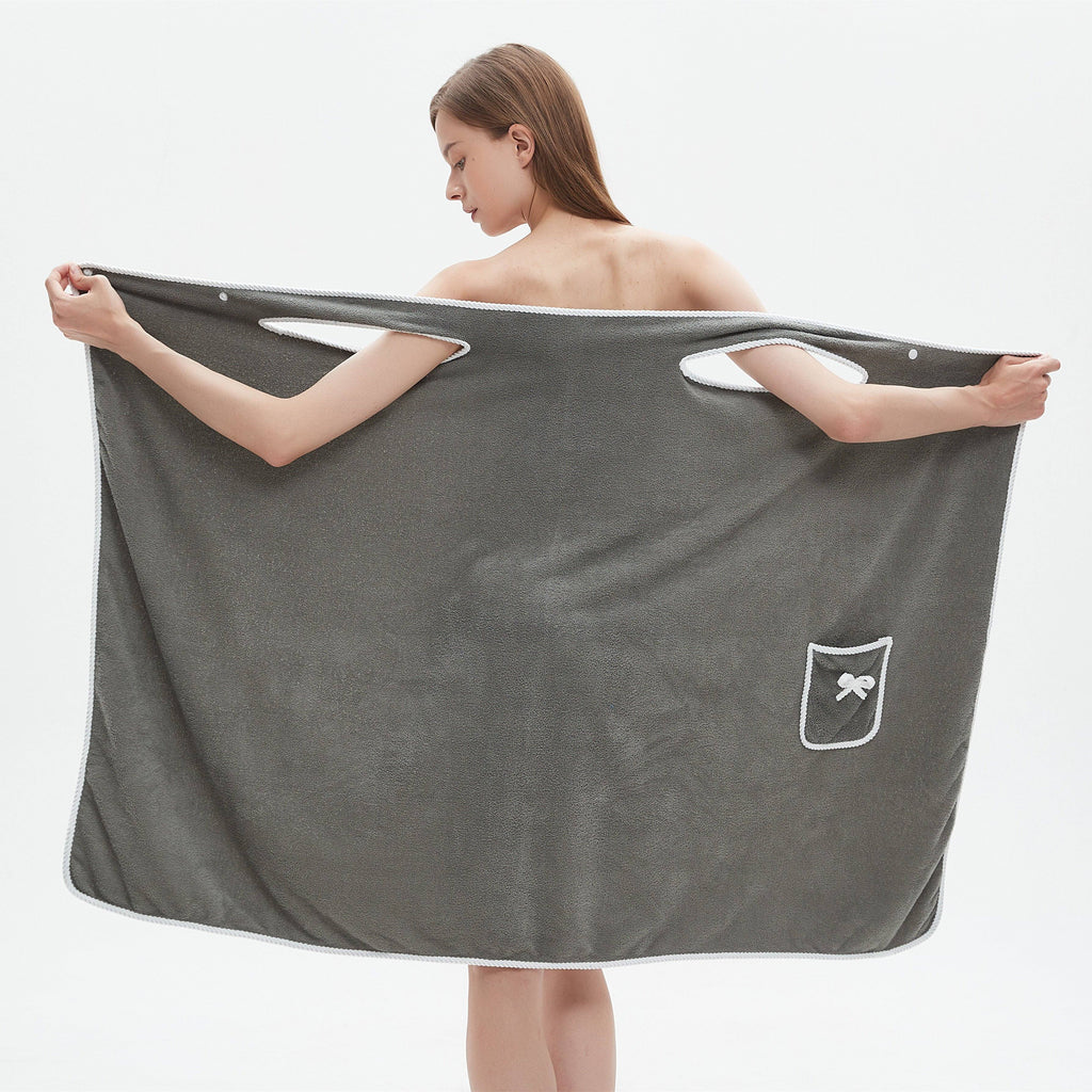 1pc Ultra-Soft Coral Velvet Bath Towel Skirt with Bowknot Design - Quick Dry, No Hair Loss, One Size Fits Most (5'2"-5'74", 132lbs-176lbs), Grey with White Pockets & Ties