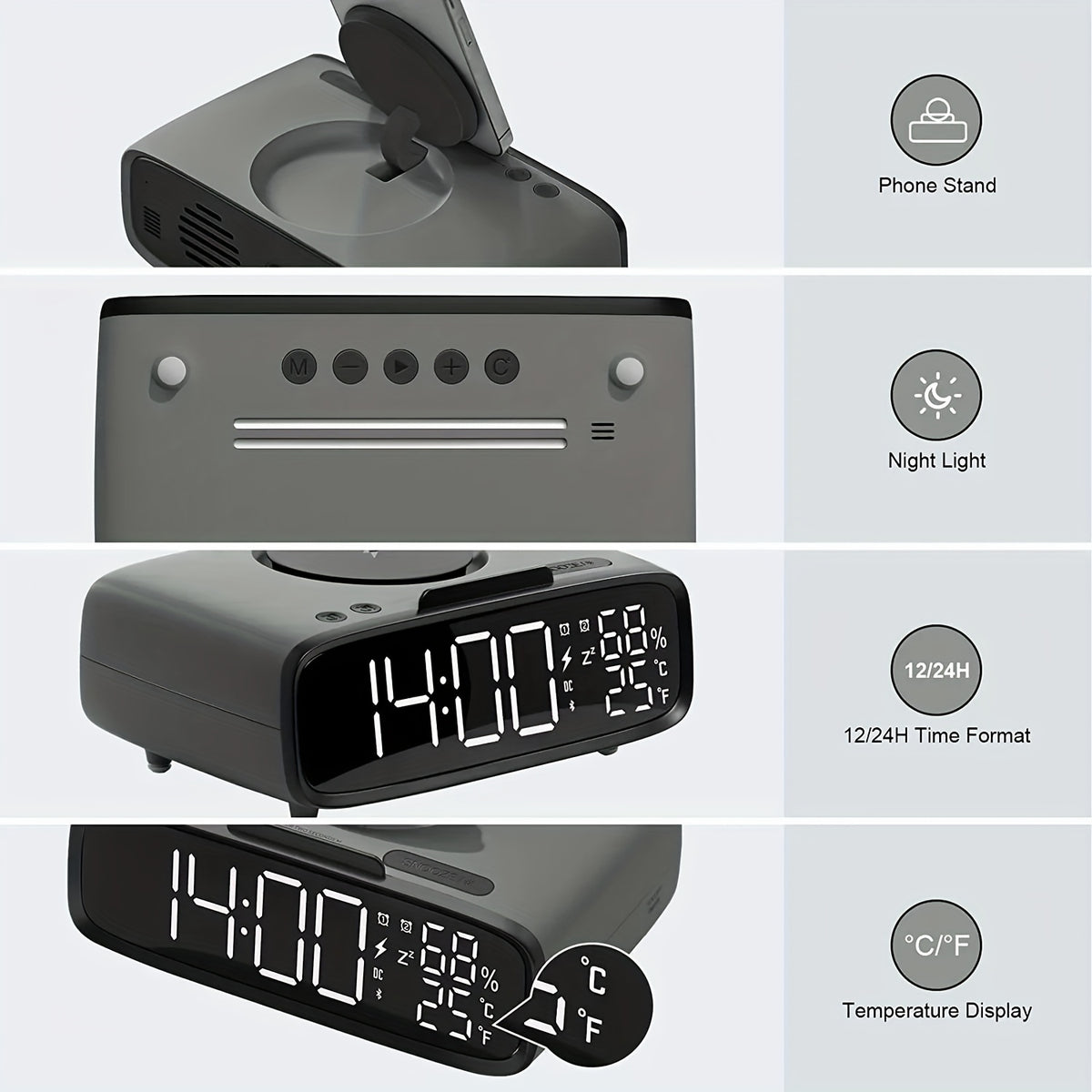 6-in-1 Alarm Clock With Wireless Charging, USB Charging Port, Night Light Wireless Speaker, 3-level Brightness Digital Clock Temperature, 12/24 Hours, Bedroom Snooze Alarm Clock