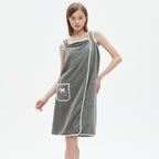 1pc Ultra-Soft Coral Velvet Bath Towel Skirt with Bowknot Design - Quick Dry, No Hair Loss, One Size Fits Most (5'2"-5'74", 132lbs-176lbs), Grey with White Pockets & Ties