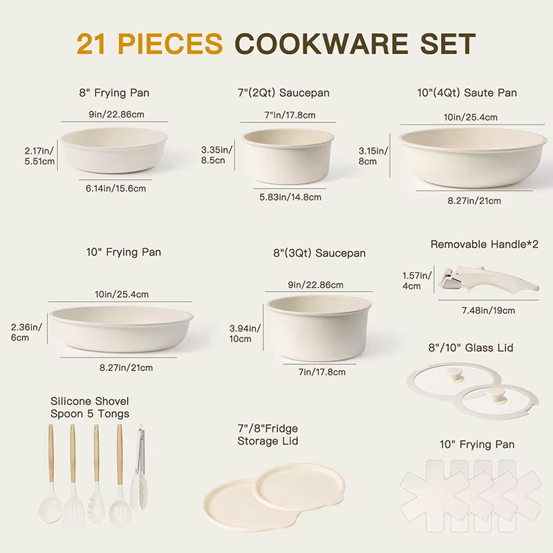21-Piece Non-Stick Ceramic Cookware Set with Sensor Handles in Milky White