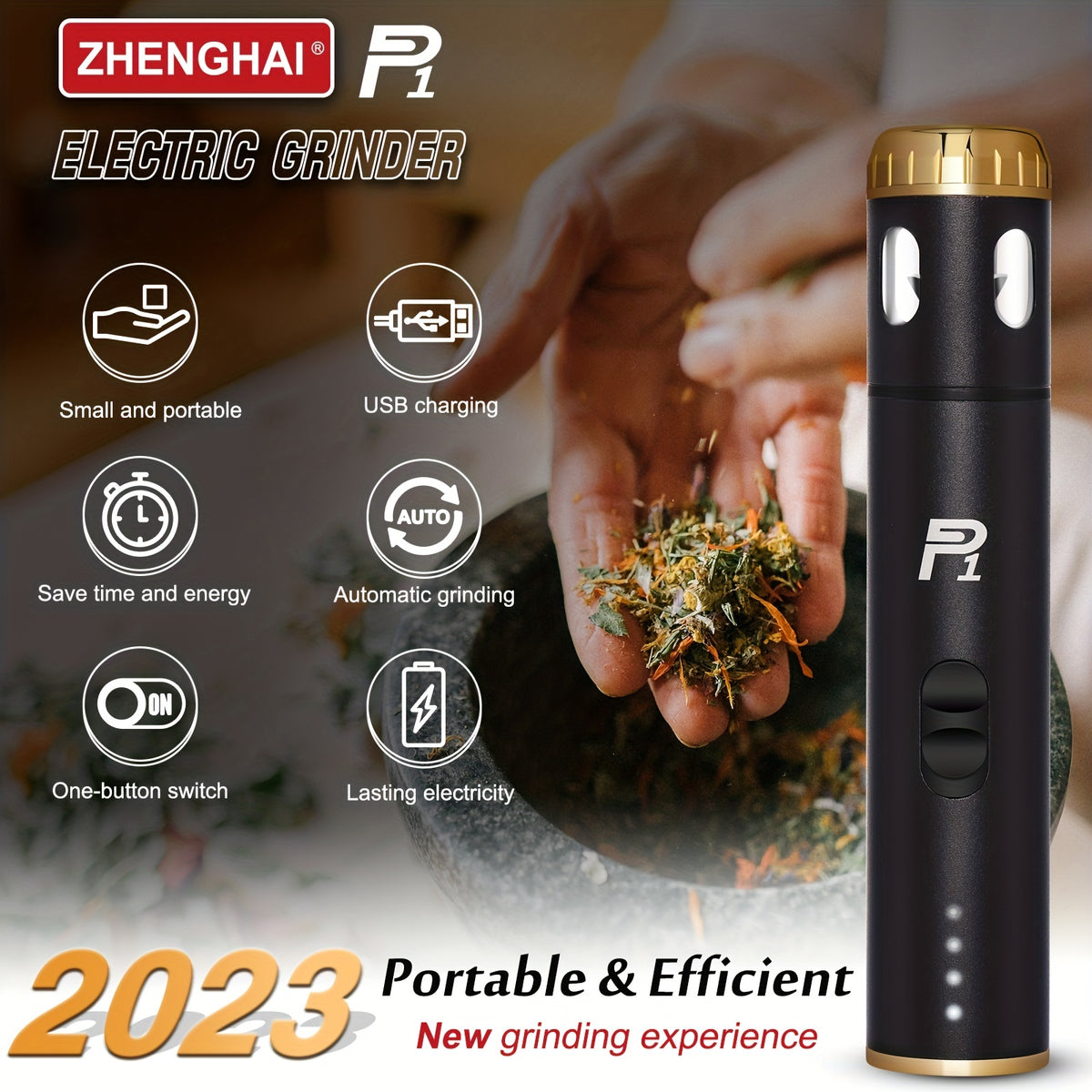 USB Rechargeable Electric Tobacco Herb Grinder 1pc with Quick Grinding, Cone Loader, Portable Storage Bag Included - Smoking Accessories