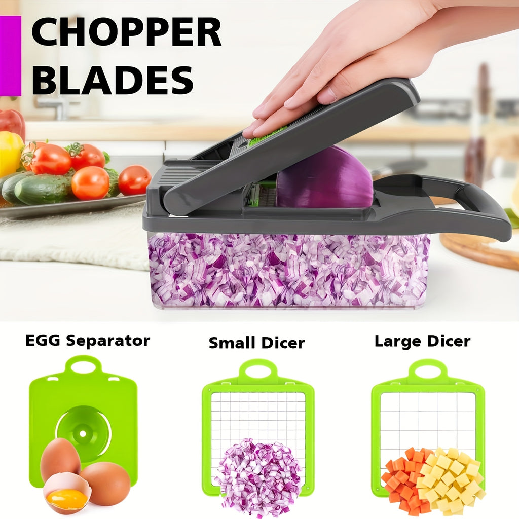 13-in-1 Multifunctional Vegetable Chopper and Slicer with 8 Stainless Steel Blades, Detachable Plastic Body, Includes Storage Container - Ideal for Onions, Carrots, Garlic - Gray, valentines gifts for men