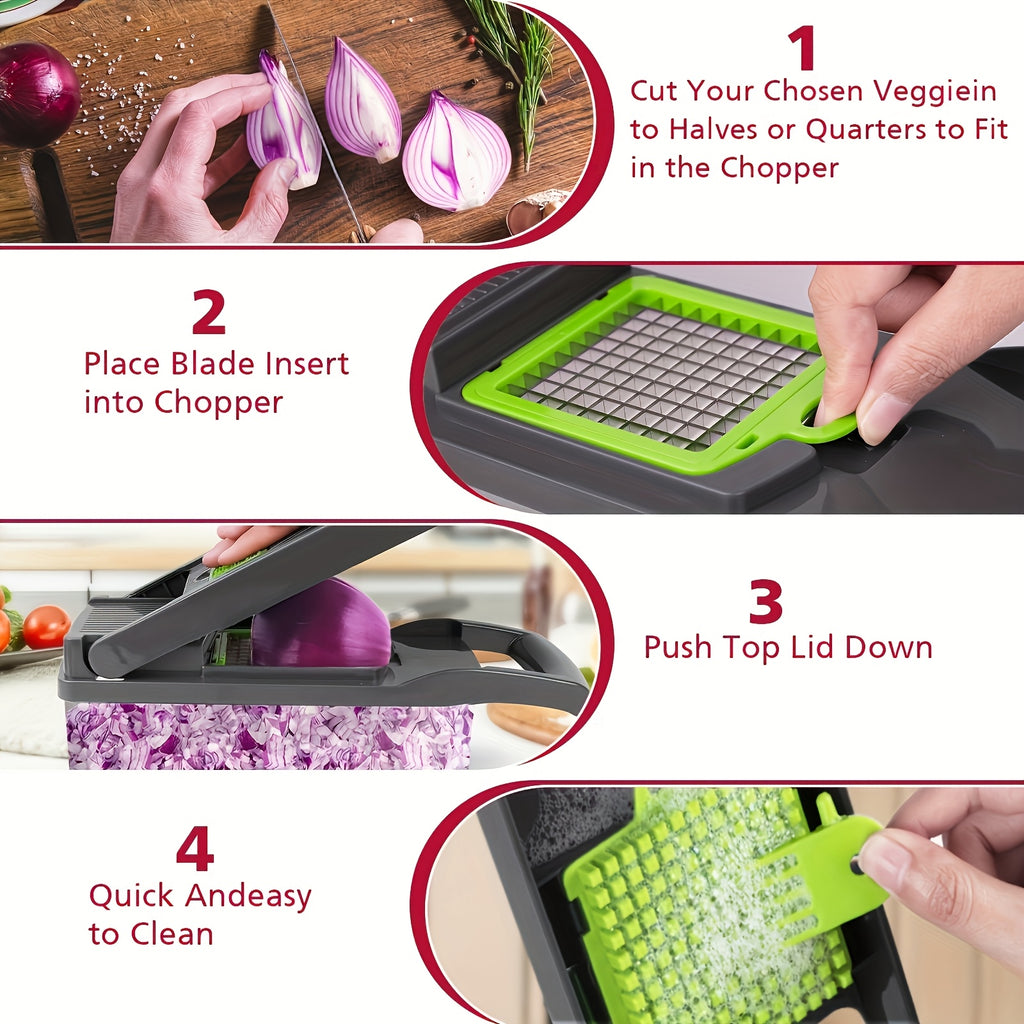 13-in-1 Multifunctional Vegetable Chopper and Slicer with 8 Stainless Steel Blades, Detachable Plastic Body, Includes Storage Container - Ideal for Onions, Carrots, Garlic - Gray, valentines gifts for men