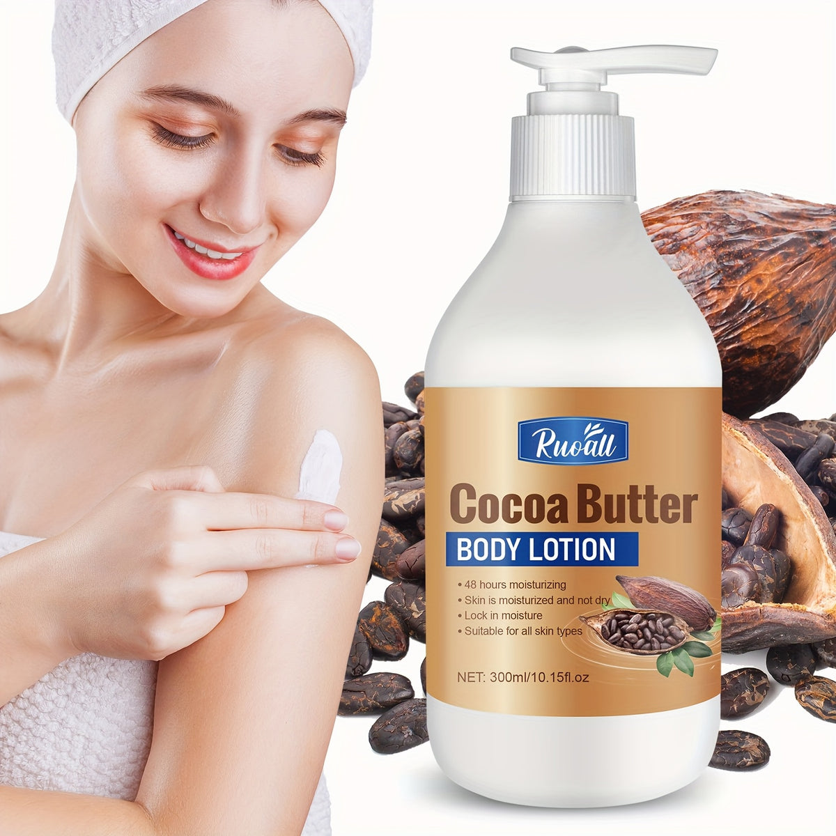 RUOALL Cocoa Butter Body Lotion 300ml - Moisturizing Formula with Glycerin, Vitamin C, Lavender Scent - Alcohol-Free, Unisex-Adult, All Skin Types - Long-Lasting Hydration, Skin Tightening, Even Skin Tone - 15.1 oz