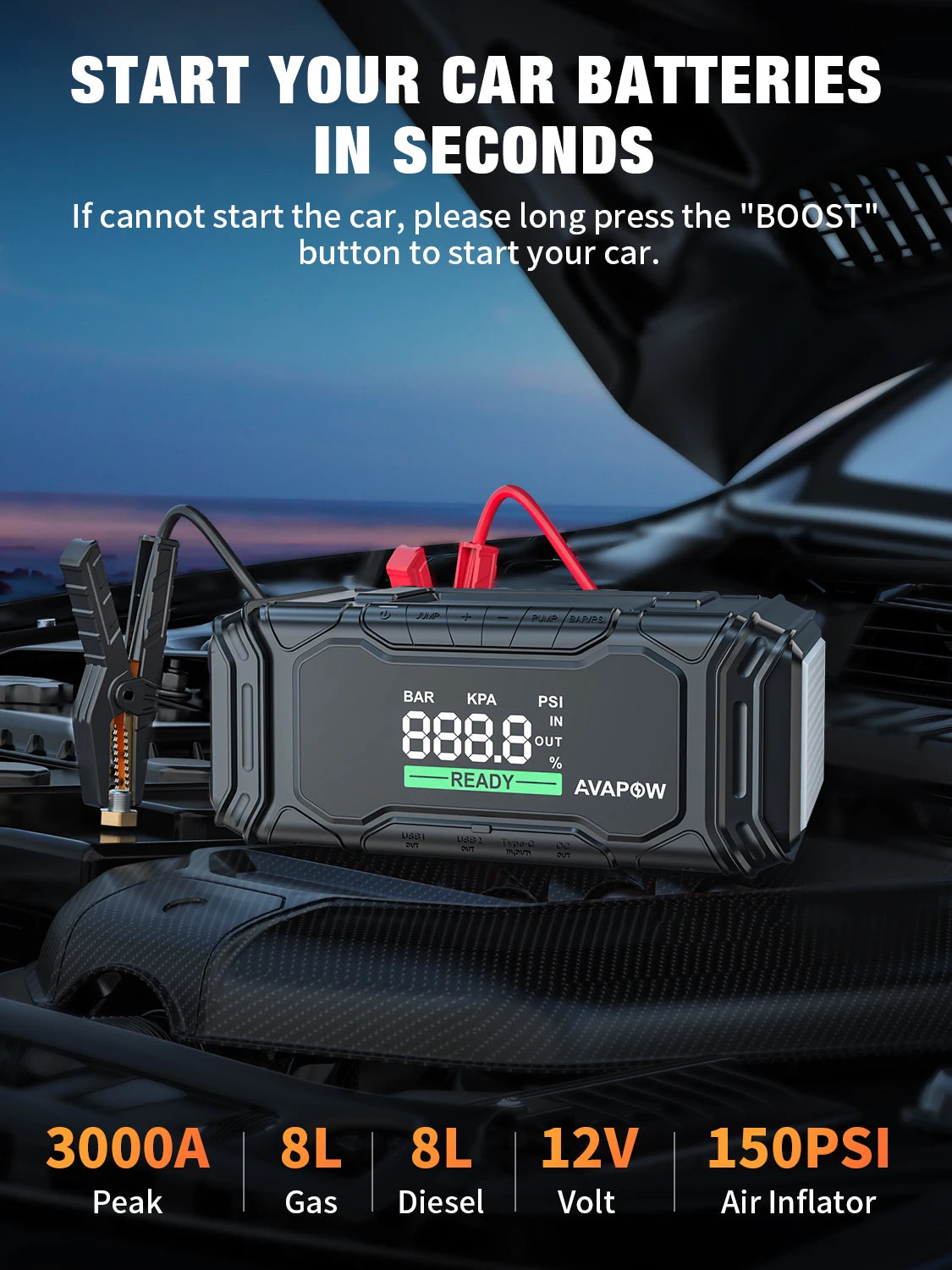 AVAPOW 3000A Car Battery Jump Starter with 150PSI Air Compressor, 12V Portable for 10L Gas/Diesel Engines