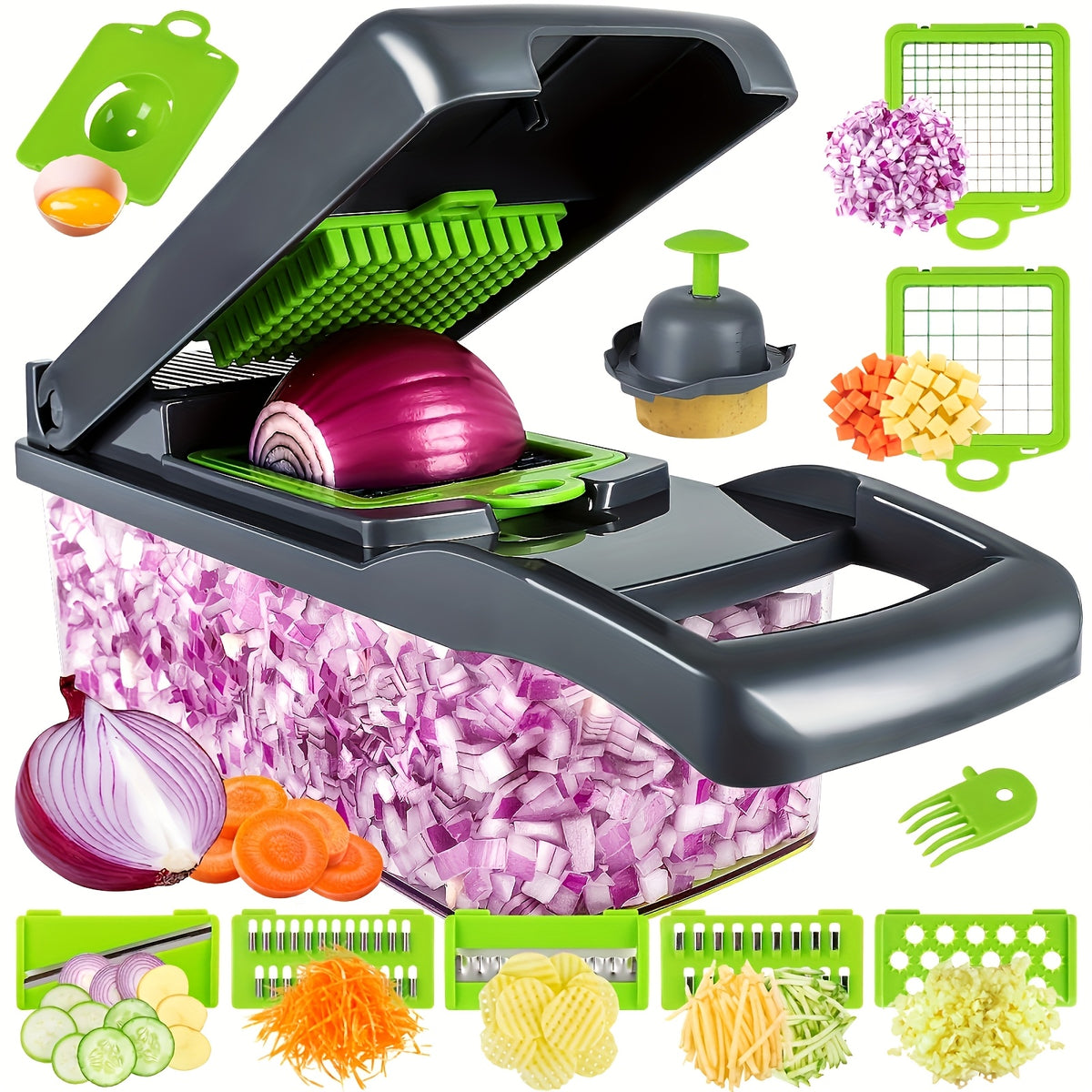 13-in-1 Multifunctional Vegetable Chopper and Slicer with 8 Stainless Steel Blades, Detachable Plastic Body, Includes Storage Container - Ideal for Onions, Carrots, Garlic - Gray, valentines gifts for men