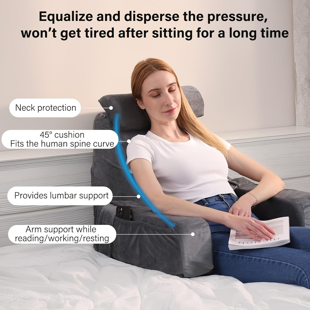 1pc Grey Reading Pillow, Soft Compressible Back Support with Arms, Machine Washable, Knitted Polyester Cover, Full Body Comfort for Bed, Chair, TV, Gaming - Adult Backrest Pillow