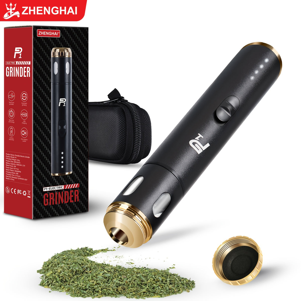 USB Rechargeable Electric Tobacco Herb Grinder 1pc with Quick Grinding, Cone Loader, Portable Storage Bag Included - Smoking Accessories
