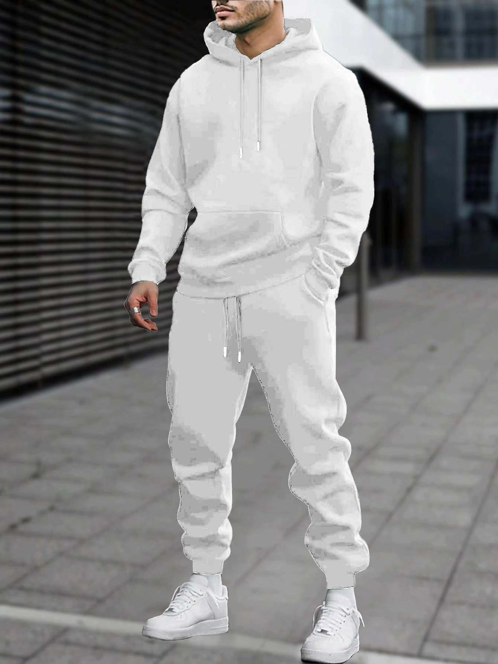 Men's 2pcs White Hoodie & Jogger Set - Casual Solid Color, Knit Polyester, with Pockets | Perfect for Fall/Winter Sports & Leisure