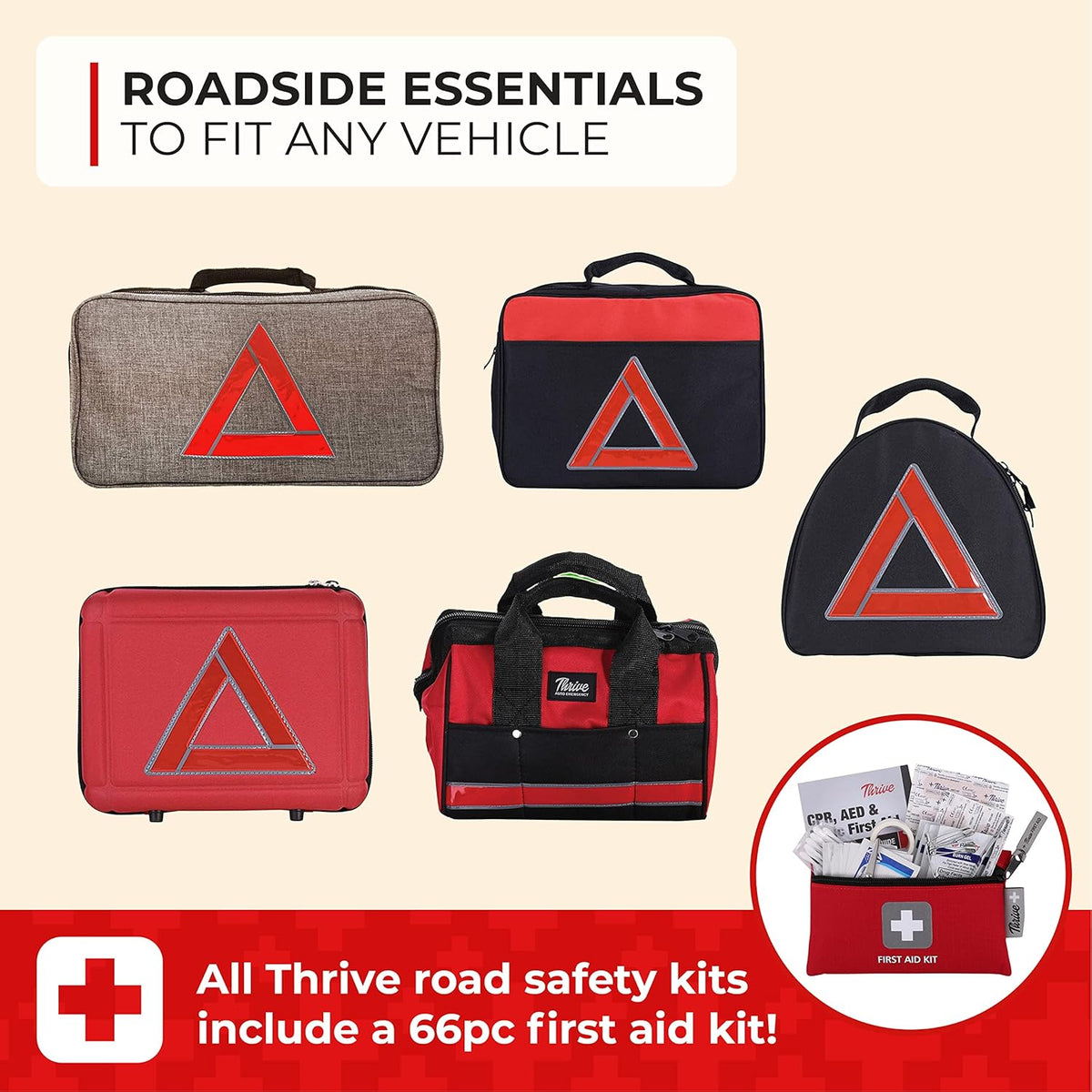 Thrive Emergency Car Kits for Vehicles - Roadside Emergency Car Kit (104 Pieces) - Car Kits for Emergency - Roadside Car Kit with Jumper Cables and Mini First Aid Kit - Gray Bag