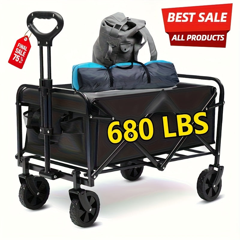 220LBS/ 450LBS/ 680LBS All Terrain Heavy Duty Folding Cart, Large Capacity Camper Suitable for Yard Shopping/ Sports/ Outdoor/ Gardening Equipment Handling, Black Multifunctional Utility Cart, Gardening Transport, Shopping Ca