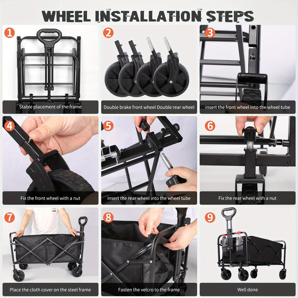 220LBS/ 450LBS/ 680LBS All Terrain Heavy Duty Folding Cart, Large Capacity Camper Suitable for Yard Shopping/ Sports/ Outdoor/ Gardening Equipment Handling, Black Multifunctional Utility Cart, Gardening Transport, Shopping Ca