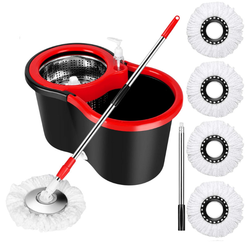 Mop and Bucket Set, 360° Spin Mop and Bucket with Wringer Set and 4 Microfiber Mop Refills, Stainless Steel, Extended Handle Spinning Mop Bucket System for Floor Cleaning