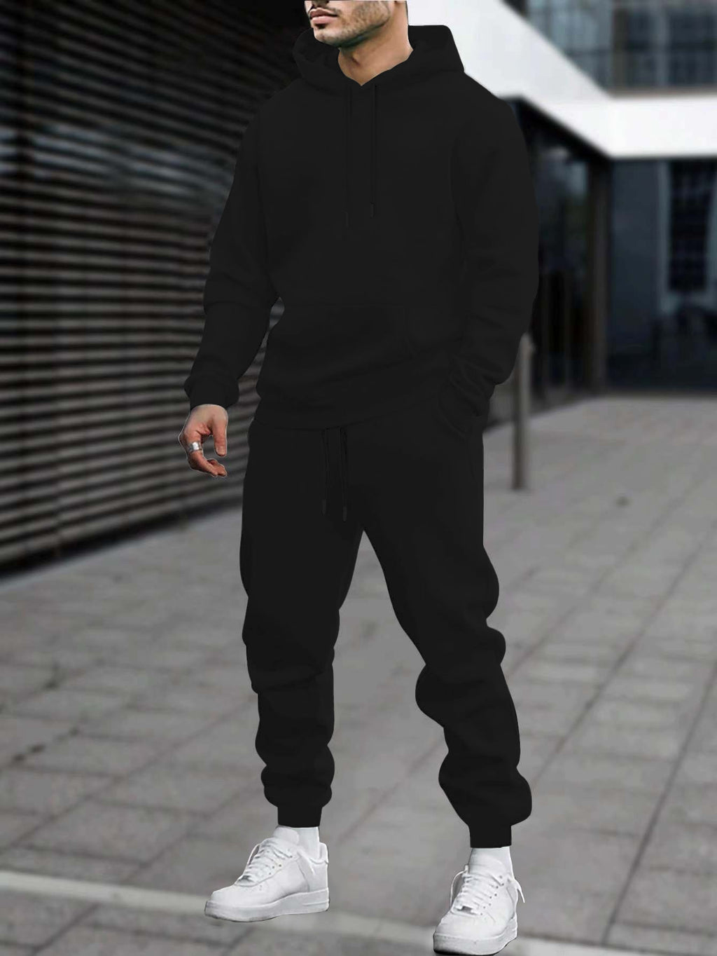 Men's 2pcs White Hoodie & Jogger Set - Casual Solid Color, Knit Polyester, with Pockets | Perfect for Fall/Winter Sports & Leisure