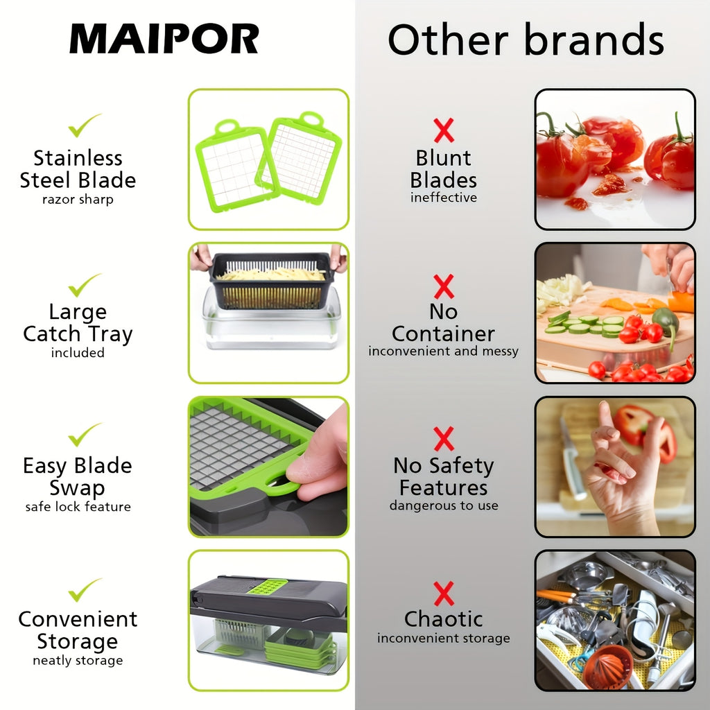 13-in-1 Multifunctional Vegetable Chopper and Slicer with 8 Stainless Steel Blades, Detachable Plastic Body, Includes Storage Container - Ideal for Onions, Carrots, Garlic - Gray, valentines gifts for men