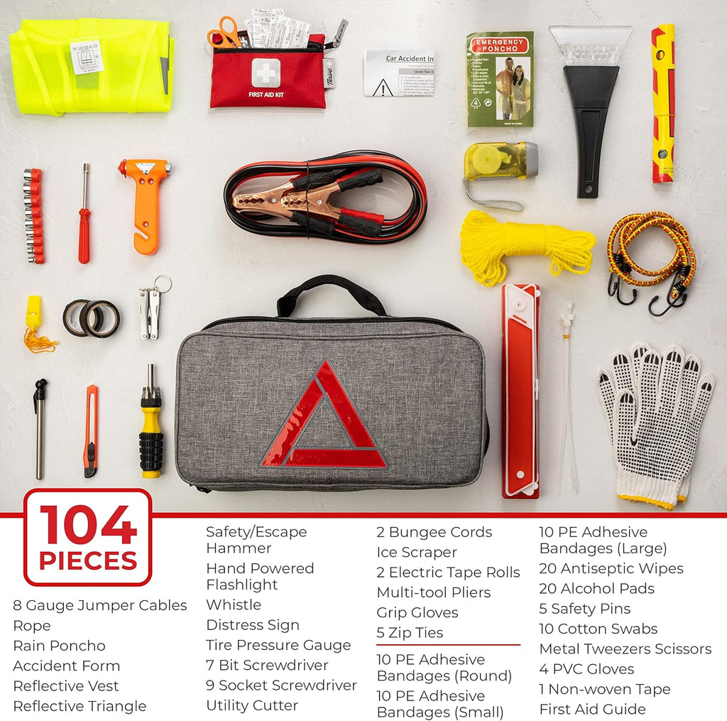 Thrive Emergency Car Kits for Vehicles - Roadside Emergency Car Kit (104 Pieces) - Car Kits for Emergency - Roadside Car Kit with Jumper Cables and Mini First Aid Kit - Gray Bag