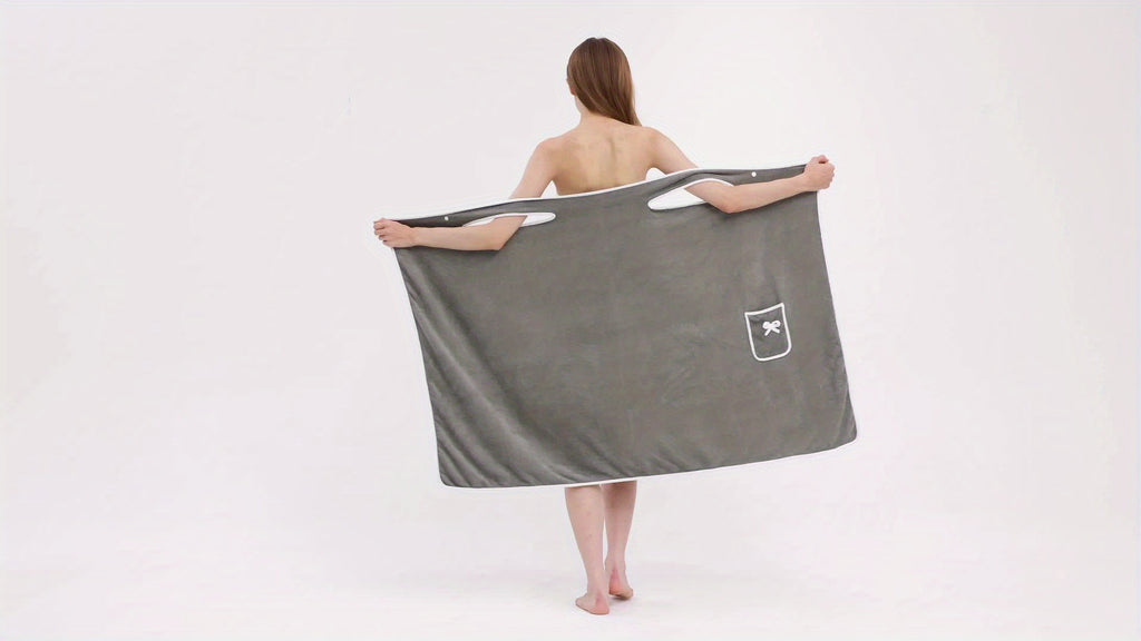 1pc Ultra-Soft Coral Velvet Bath Towel Skirt with Bowknot Design - Quick Dry, No Hair Loss, One Size Fits Most (5'2"-5'74", 132lbs-176lbs), Grey with White Pockets & Ties