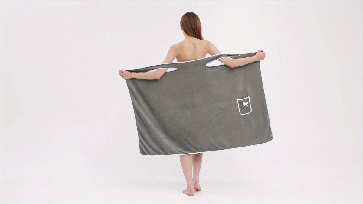 1pc Ultra-Soft Coral Velvet Bath Towel Skirt with Bowknot Design - Quick Dry, No Hair Loss, One Size Fits Most (5'2"-5'74", 132lbs-176lbs), Grey with White Pockets & Ties