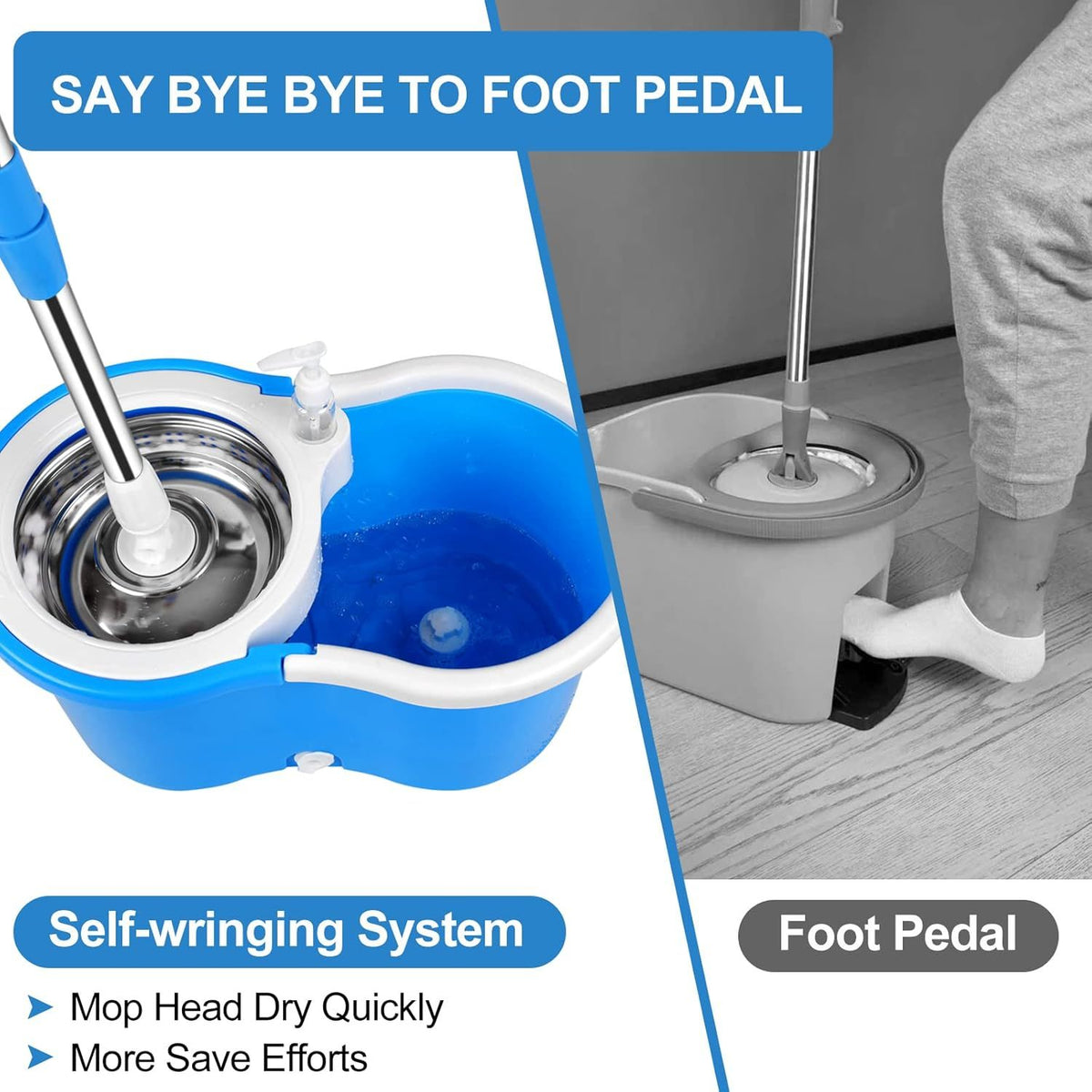 Mop and Bucket Set, 360° Spin Mop and Bucket with Wringer Set and 4 Microfiber Mop Refills, Stainless Steel, Extended Handle Spinning Mop Bucket System for Floor Cleaning