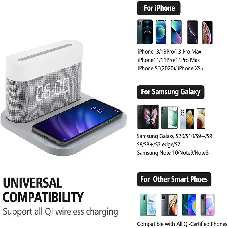 COLSUR LED Adjustable Night Light 15W Wireless Charge with Digital Alarm Clock Touch Bedside Lamp  Brightness Bedroom