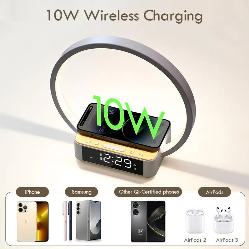 WILIT Bedside Lamp,Night Lamp for Bedroom with Alarm Clock,Touch Lamp with Wireless Charger,Wake-up Light
