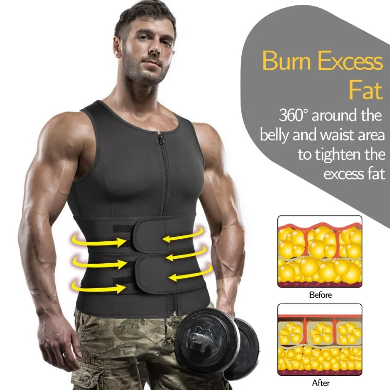 Qtree Neoprene Body Shaper Vest for Men Slimming Gym Fitness Sweat Waist Trainer Corset Workout Zipper Sauna Weight Loss Tops