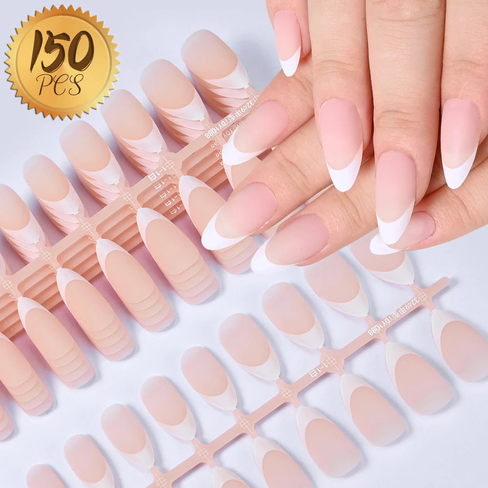 150Pcs Medium Almond French False Nails Matte Nude/Pink Soft Gel White French Press On Nails 0.75-2.6cm ABS Artificial Nail Tips