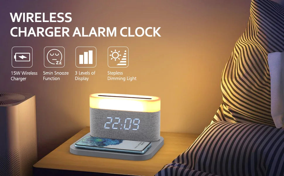 COLSUR LED Adjustable Night Light 15W Wireless Charge with Digital Alarm Clock Touch Bedside Lamp  Brightness Bedroom