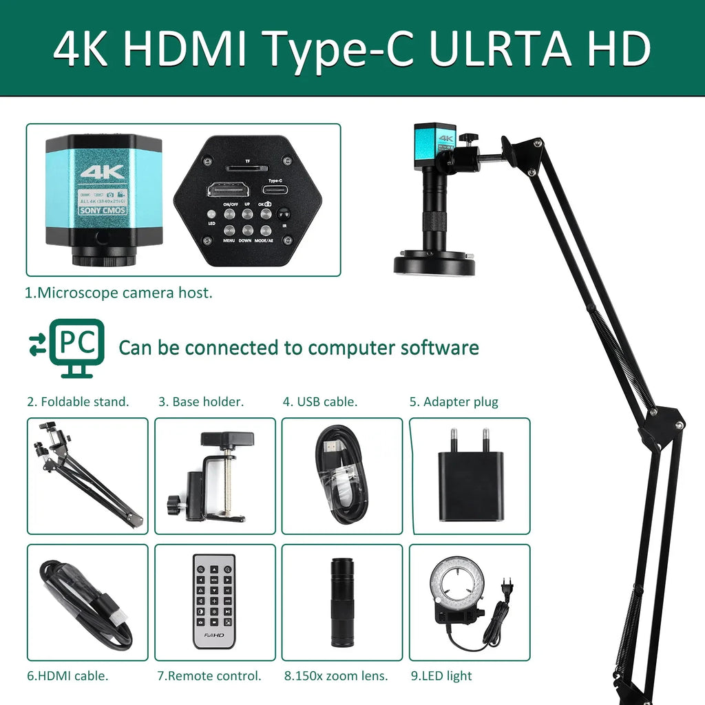 4K Microscope 48MP Digital Microscope For Electronics USB Industrial Cameras HDMI 1-150X Zoom C-Mount Lens Phone Pcb Soldering