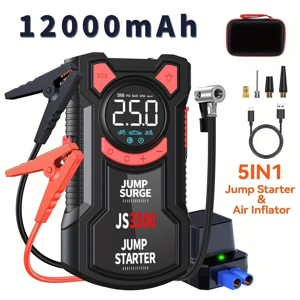 5-in-1 Multifunctional Air Pump Jump Starter with Air Compressor 3000A Peak/150PSI Battery Jump Starter Digital Tire Inflator