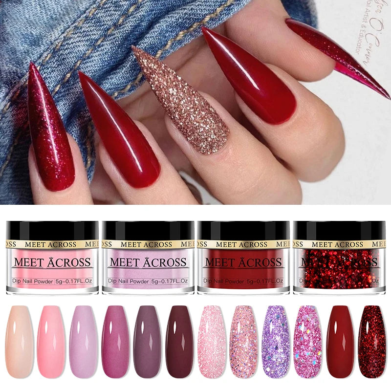 5g Dipping Nail Powder Set Red Nail Glitter Dipping System Kit For Manicure Nail Art Decorations Natural Dry Without Lamp Cure