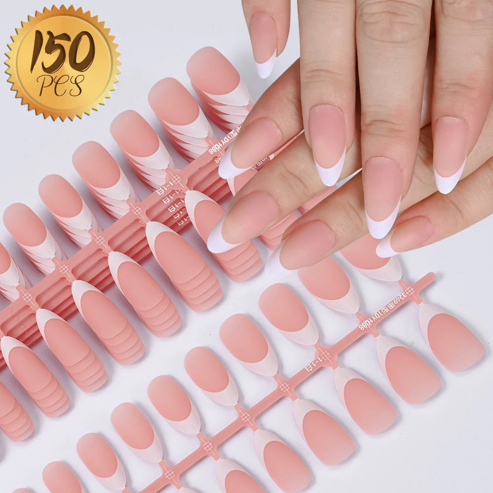 150Pcs Medium Almond French False Nails Matte Nude/Pink Soft Gel White French Press On Nails 0.75-2.6cm ABS Artificial Nail Tips