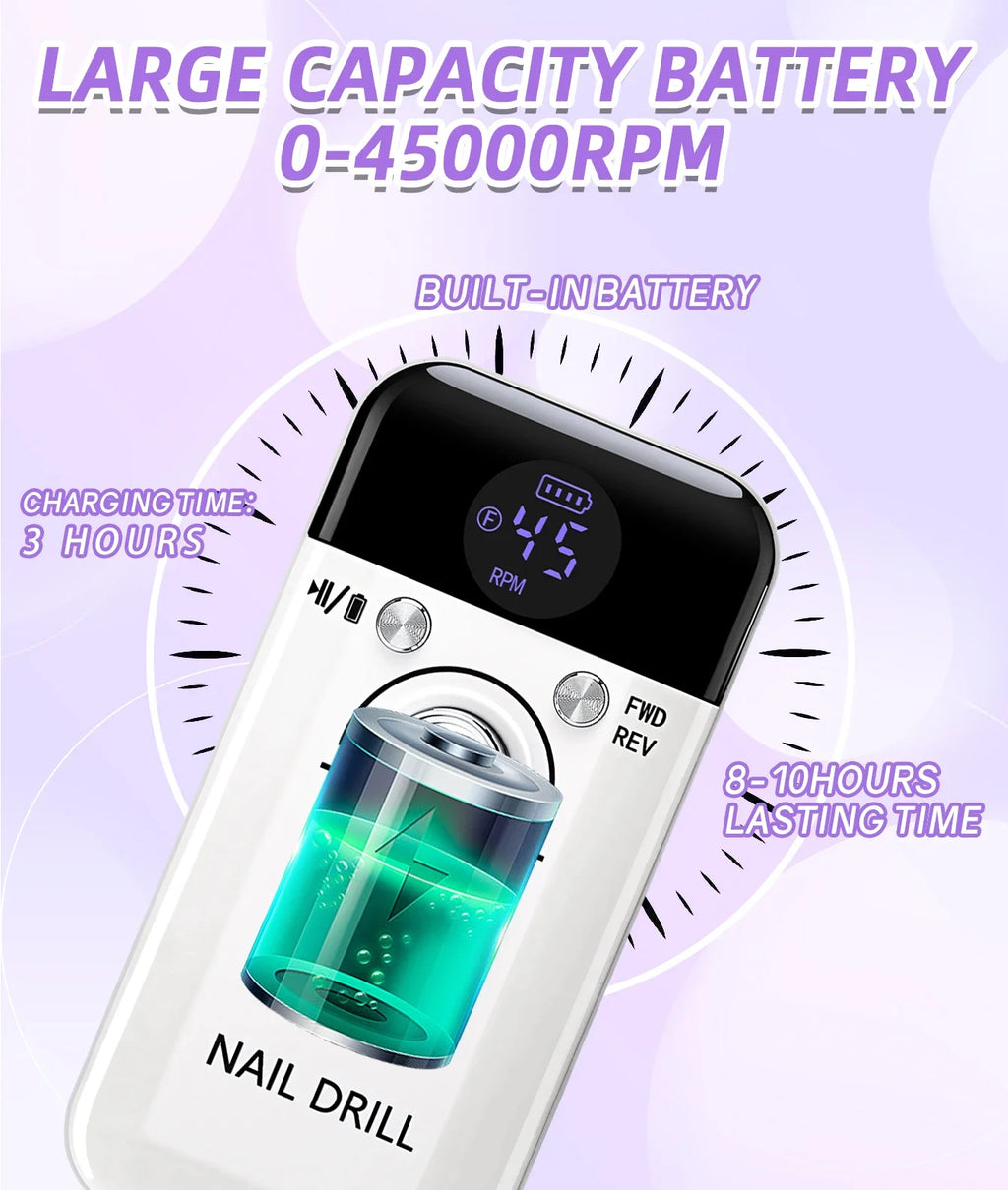 Professional Nail Drill Machine Set 45000RPM Rechargeable Portable Electric Nail File for Manicure Acrylic Gel Nails Salon Tools