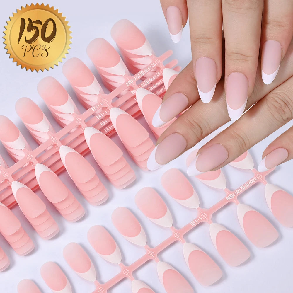 150Pcs Medium Almond French False Nails Matte Nude/Pink Soft Gel White French Press On Nails 0.75-2.6cm ABS Artificial Nail Tips