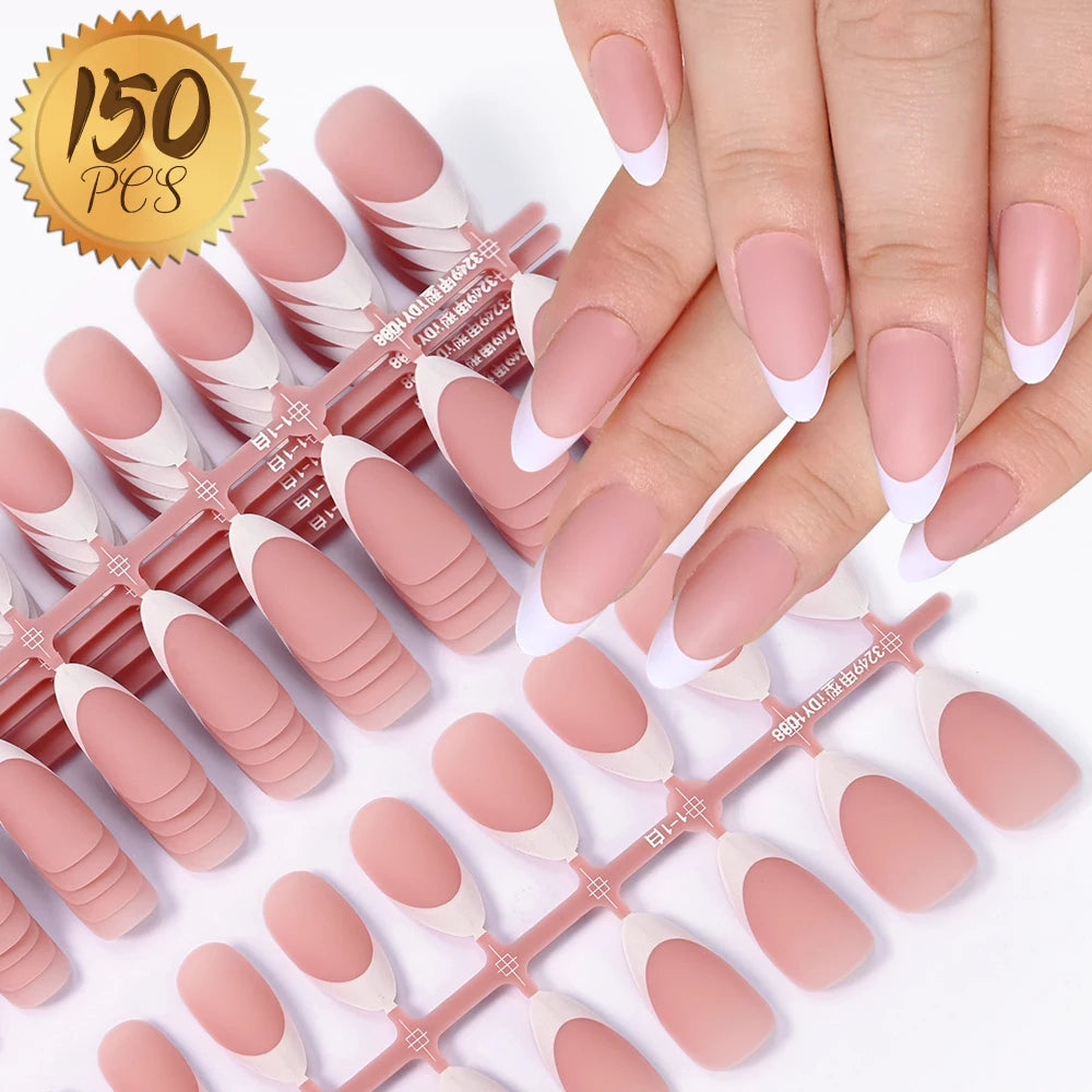 150Pcs Medium Almond French False Nails Matte Nude/Pink Soft Gel White French Press On Nails 0.75-2.6cm ABS Artificial Nail Tips
