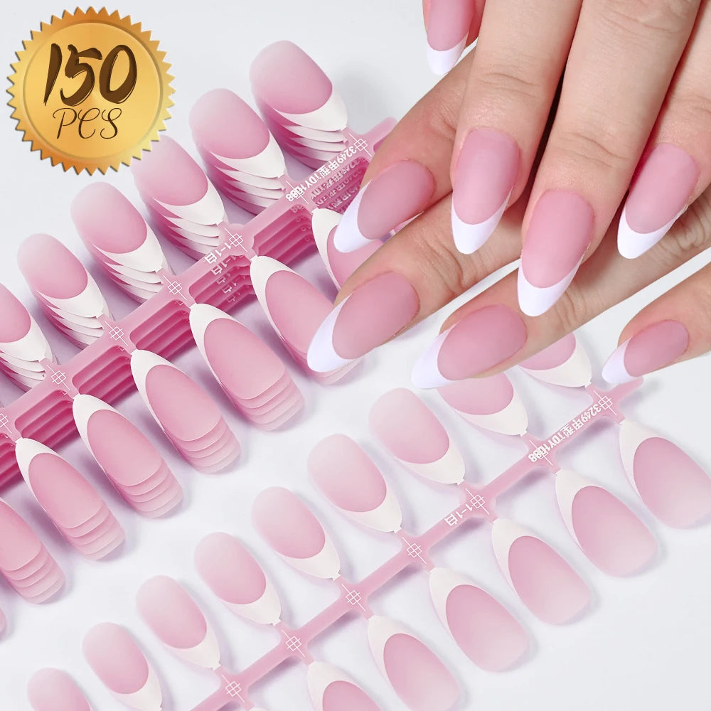 150Pcs Medium Almond French False Nails Matte Nude/Pink Soft Gel White French Press On Nails 0.75-2.6cm ABS Artificial Nail Tips