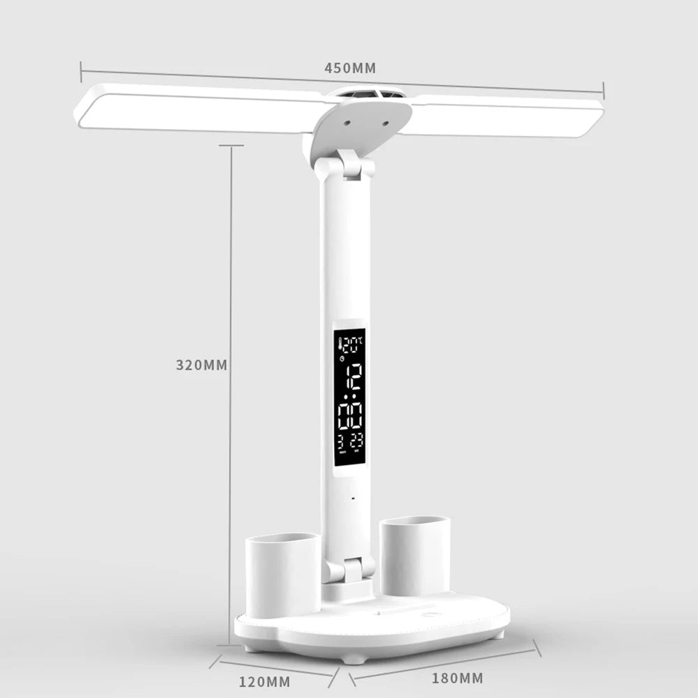 LED Desk Lamp with Calendar Temperature Clock Night Light USB Rechargeable Wireless Table Lamp Touch Control Camping Light