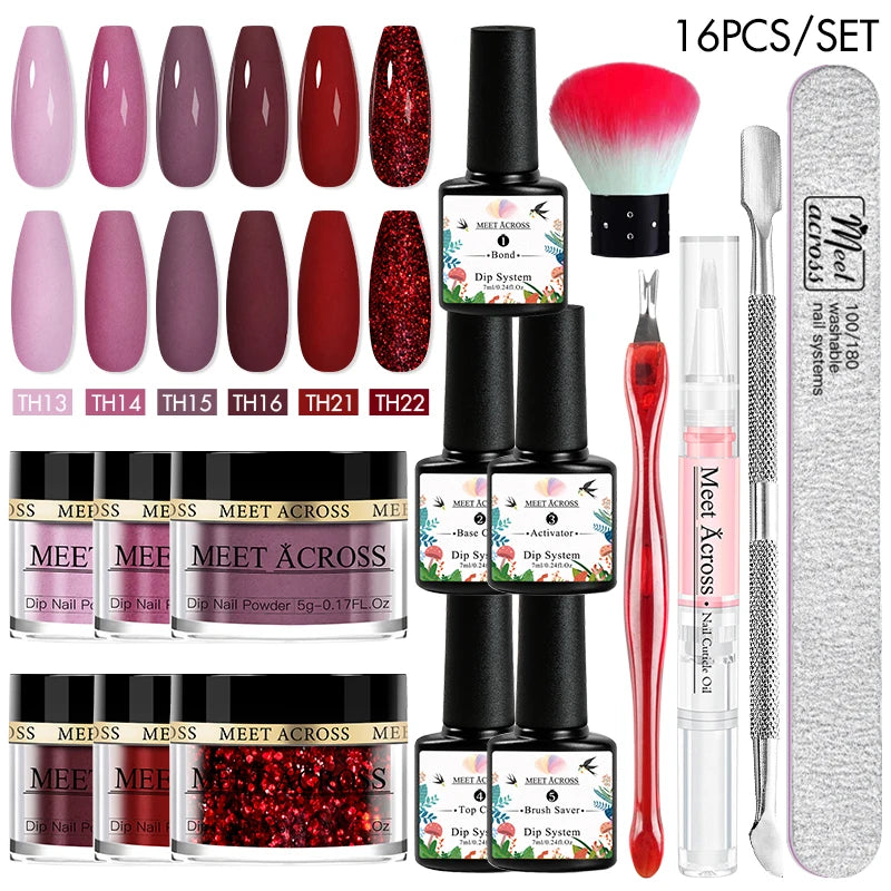 5g Dipping Nail Powder Set Red Nail Glitter Dipping System Kit For Manicure Nail Art Decorations Natural Dry Without Lamp Cure