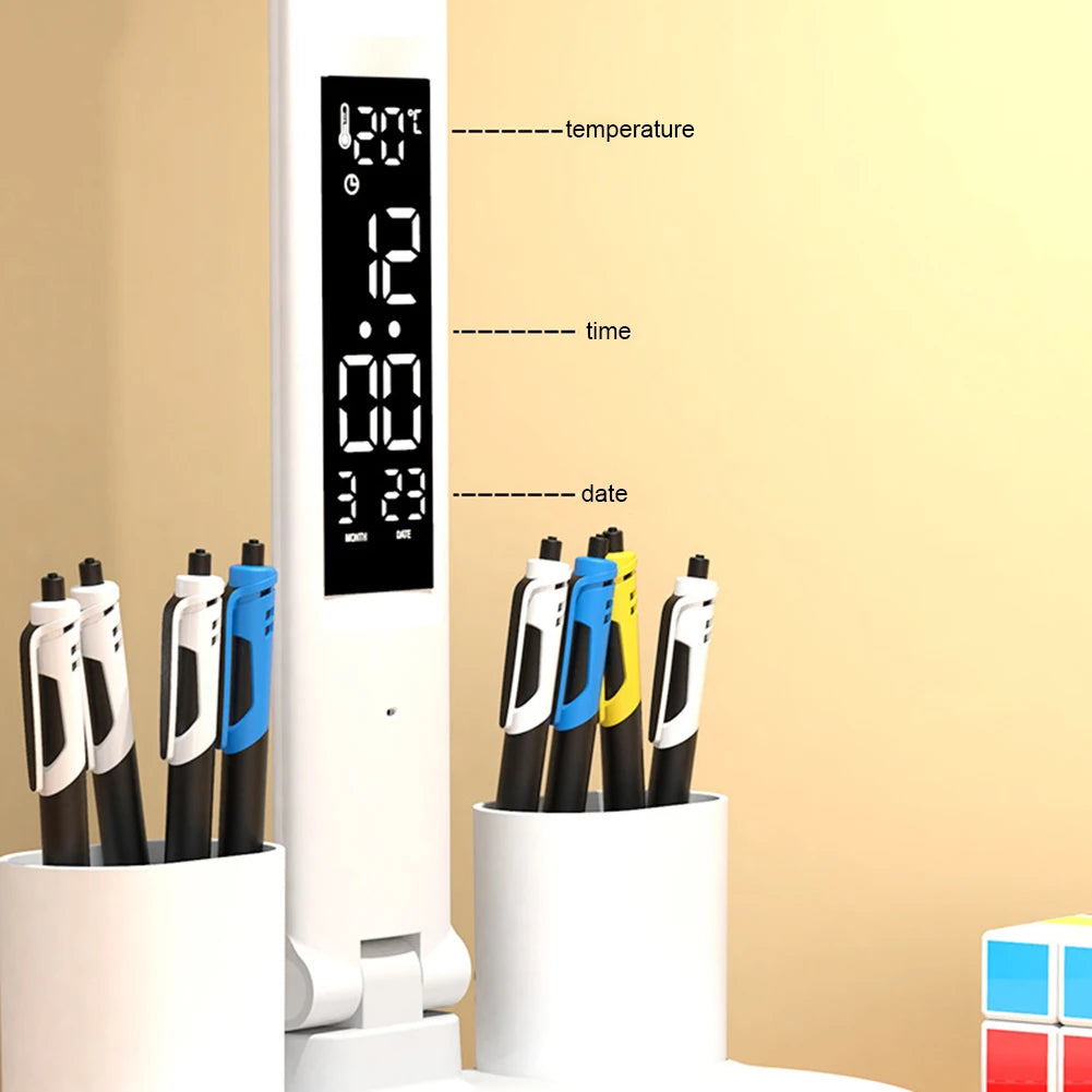 LED Desk Lamp with Calendar Temperature Clock Night Light USB Rechargeable Wireless Table Lamp Touch Control Camping Light