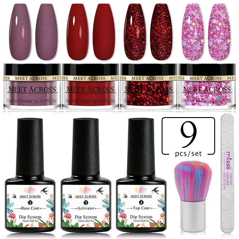5g Dipping Nail Powder Set Red Nail Glitter Dipping System Kit For Manicure Nail Art Decorations Natural Dry Without Lamp Cure