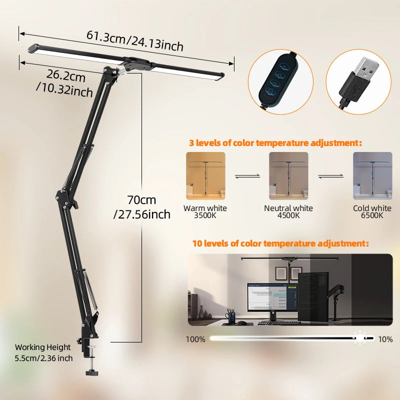 Desk Lamps Double Head LED Stepless Dimmable Led USB Table Lamp for Office Study Reading Lighting Fixture Computer Monitor Light