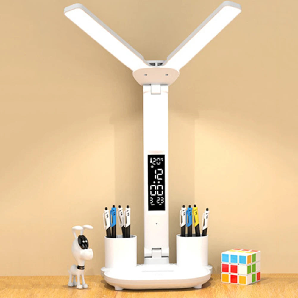 LED Desk Lamp with Calendar Temperature Clock Night Light USB Rechargeable Wireless Table Lamp Touch Control Camping Light