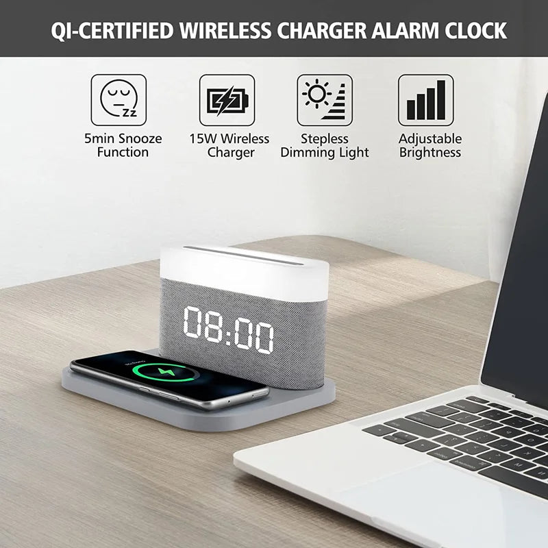 COLSUR LED Adjustable Night Light 15W Wireless Charge with Digital Alarm Clock Touch Bedside Lamp  Brightness Bedroom