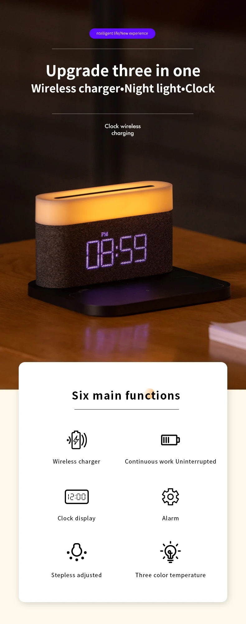COLSUR LED Adjustable Night Light 15W Wireless Charge with Digital Alarm Clock Touch Bedside Lamp  Brightness Bedroom