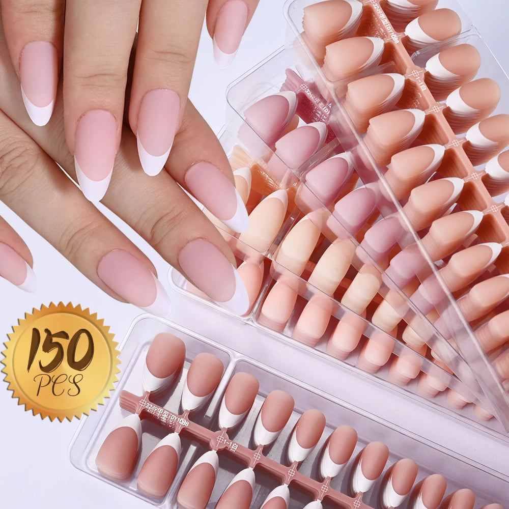 150Pcs Medium Almond French False Nails Matte Nude/Pink Soft Gel White French Press On Nails 0.75-2.6cm ABS Artificial Nail Tips