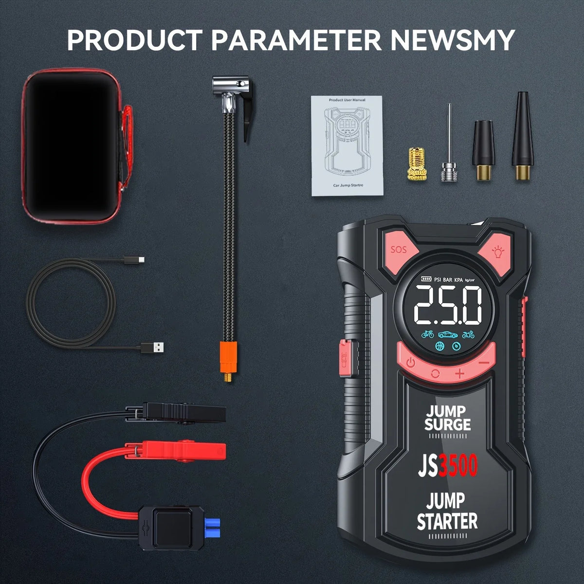 5-in-1 Multifunctional Air Pump Jump Starter with Air Compressor 3000A Peak/150PSI Battery Jump Starter Digital Tire Inflator