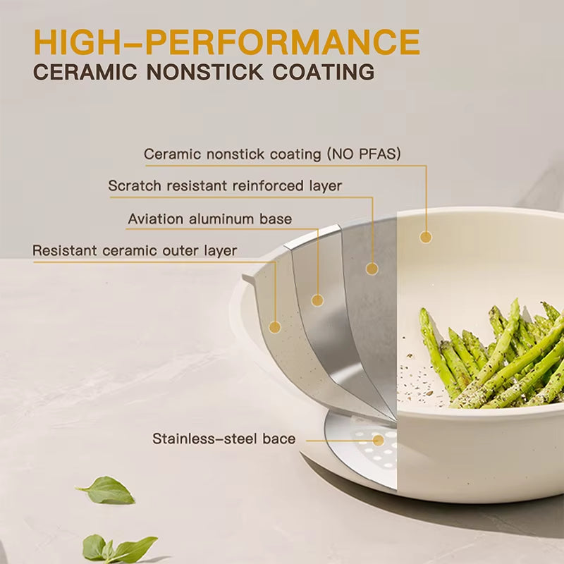 21-Piece Non-Stick Ceramic Cookware Set with Sensor Handles in Milky White