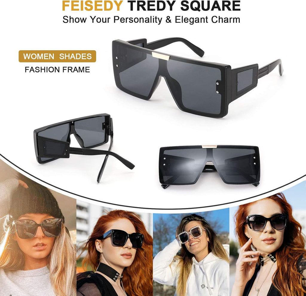 FEISEDY Square Oversized Flat Top Sunglasses with Side Lens Integrated for Women Men B4028